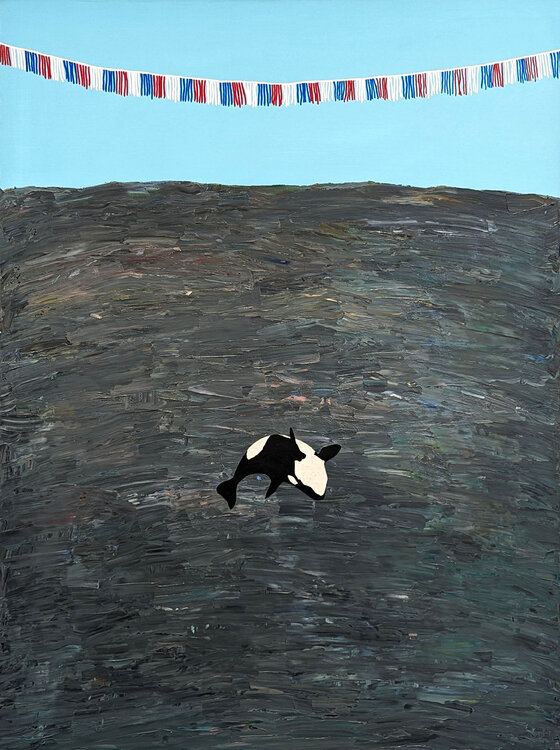 “Be dazzled” Colorful Contemporary Ocean Seascape Painting of a Jumping Orca Alexander Paulus