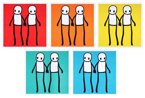 Framed Holding Hands Hackney Today Set of 5-Red, Orange, Yellow, Blue, Teal by Stik, Print for Sale on Singulart