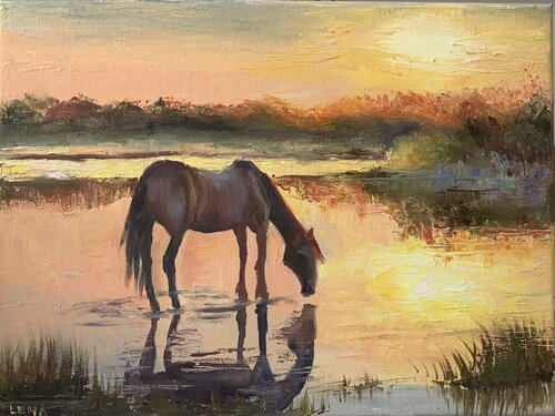The horse, sunset landscape oil painting von Lena Dil, Malerei kaufen auf Singulart