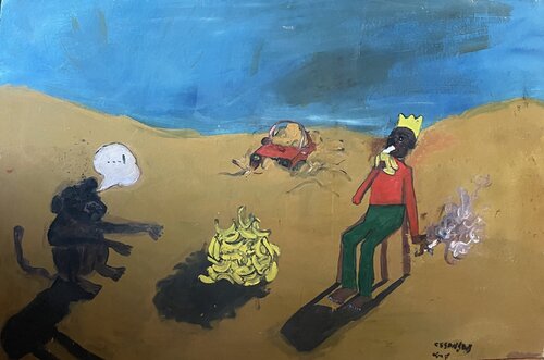 Le roi et le singe à la cargaison de banane plantain par Aimé Cesanges, Peinture en vente sur Singulart