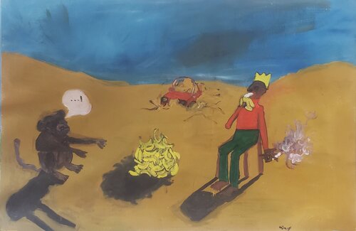 Le roi et le singe à la cargaison de banane plantain par Aimé Cesanges, Peinture en vente sur Singulart