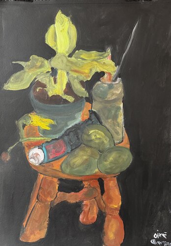 Nature morte au jeune palmier aux avocats aux tubes de peintures et aux pinceaux par Aimé Cesanges, Peinture en vente sur Singulart