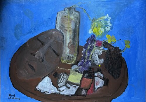 Nature morte au masque fleurs et graine de magnolia van Aimé Cesanges, Schilderij te koop op Singulart