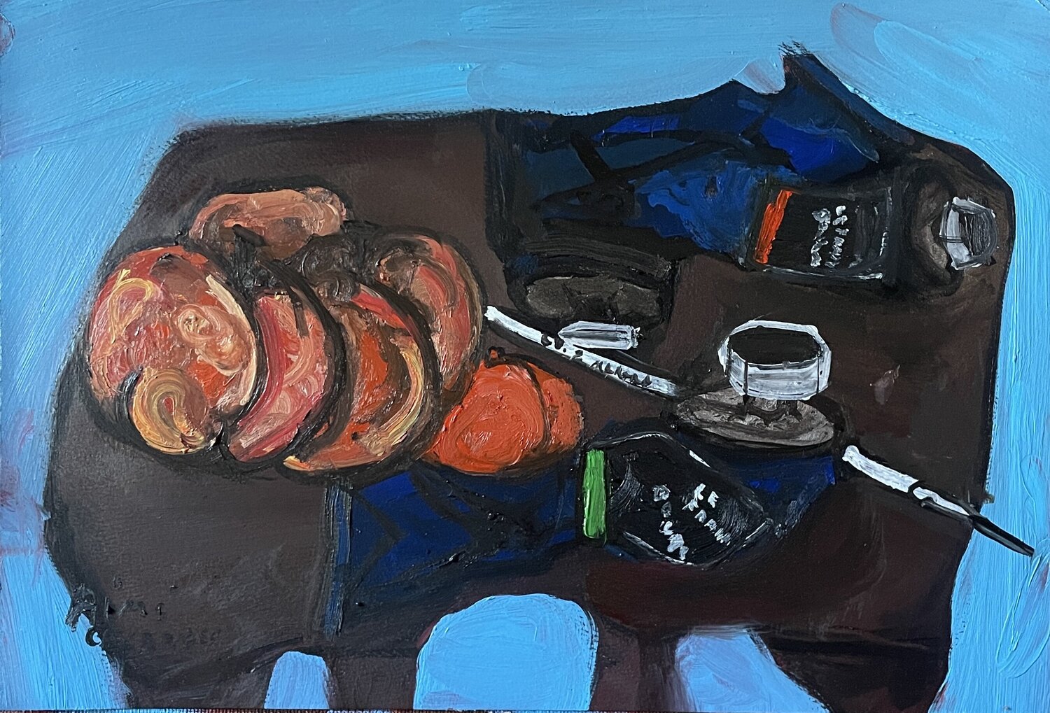 Pêches pinceau et tubes d’huiles . Aimé Cesanges Peinture originale à vendre