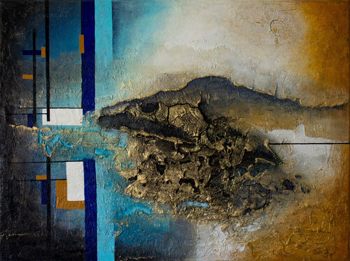 Oase der Götter – Abstrakte Malerei mit Öl, Acryl und Vergoldung de Fortuna Per, Pintura a la venta en Singulart