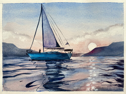 Serene sailboat at sunset Painting by Kristina Mallen, 紙面作品 for Sale on Singulart