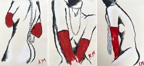 Triptych of Madams in Red Gloves by Kristina Mallen, Work on Paper for Sale on Singulart