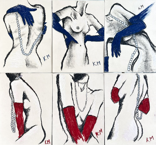 Sextych: Touches of Red and Blue Gloves par Kristina Mallen, Œuvre sur papier en vente sur Singulart