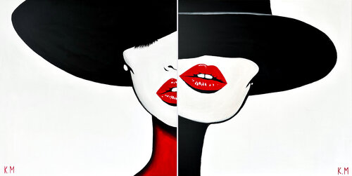 Diptych: Red Lips in Silent Allure by Kristina Mallen, Painting for Sale on Singulart