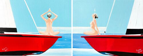 Diptych Yacht Yoga: Zen & Bubbles par Kristina Mallen, Peinture en vente sur Singulart