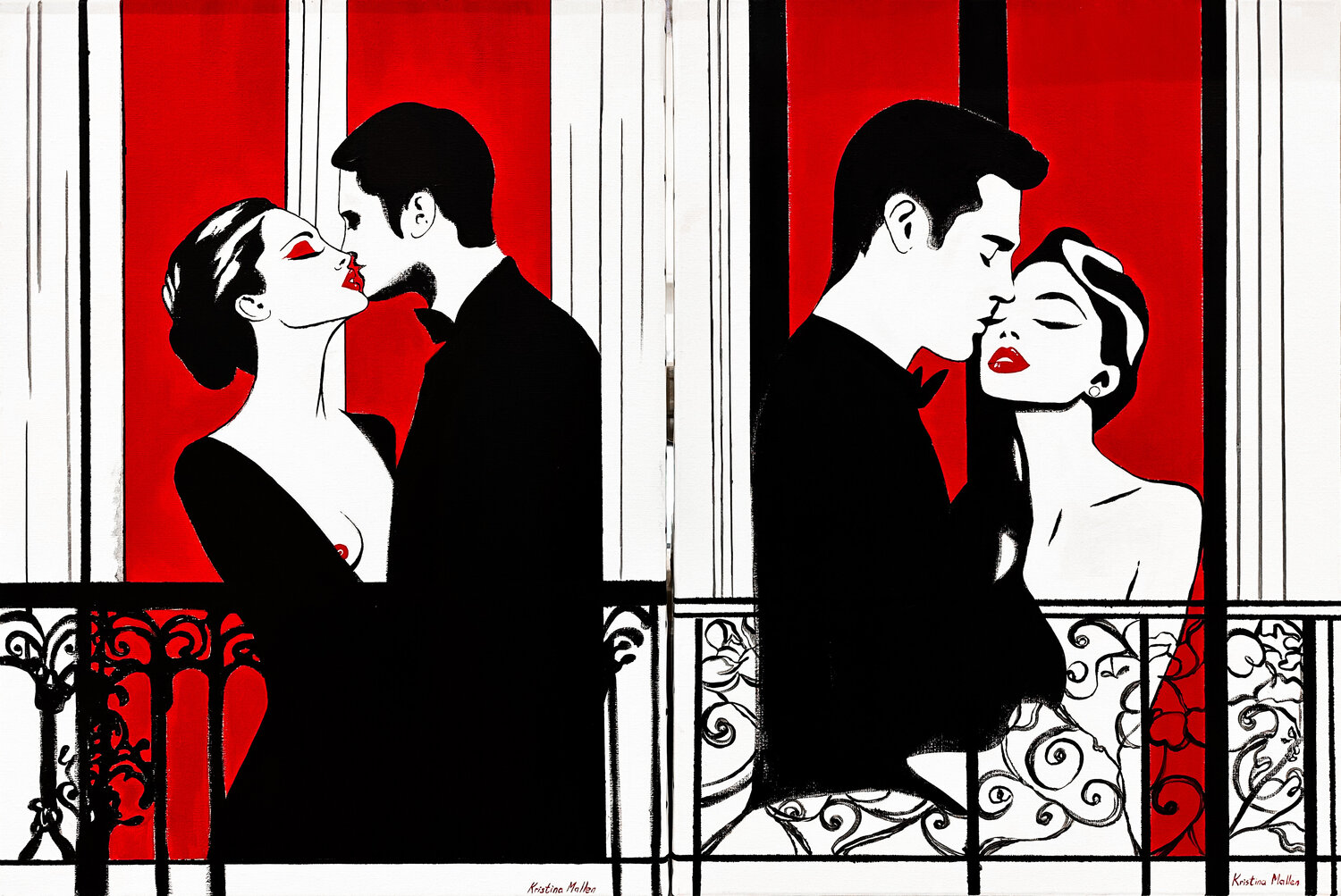 DIPTYCH: LOVERS IN A PARISIAN WINDOW Kristina Mallen Originalgemälde zu verkaufen