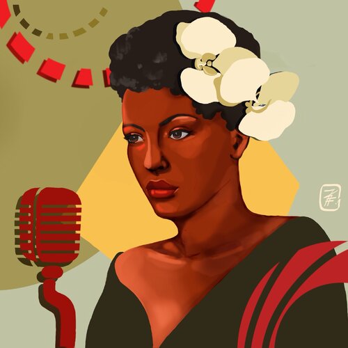 Billie Holiday mit Orchideen de Karina Fulara, Impresión a la venta en Singulart