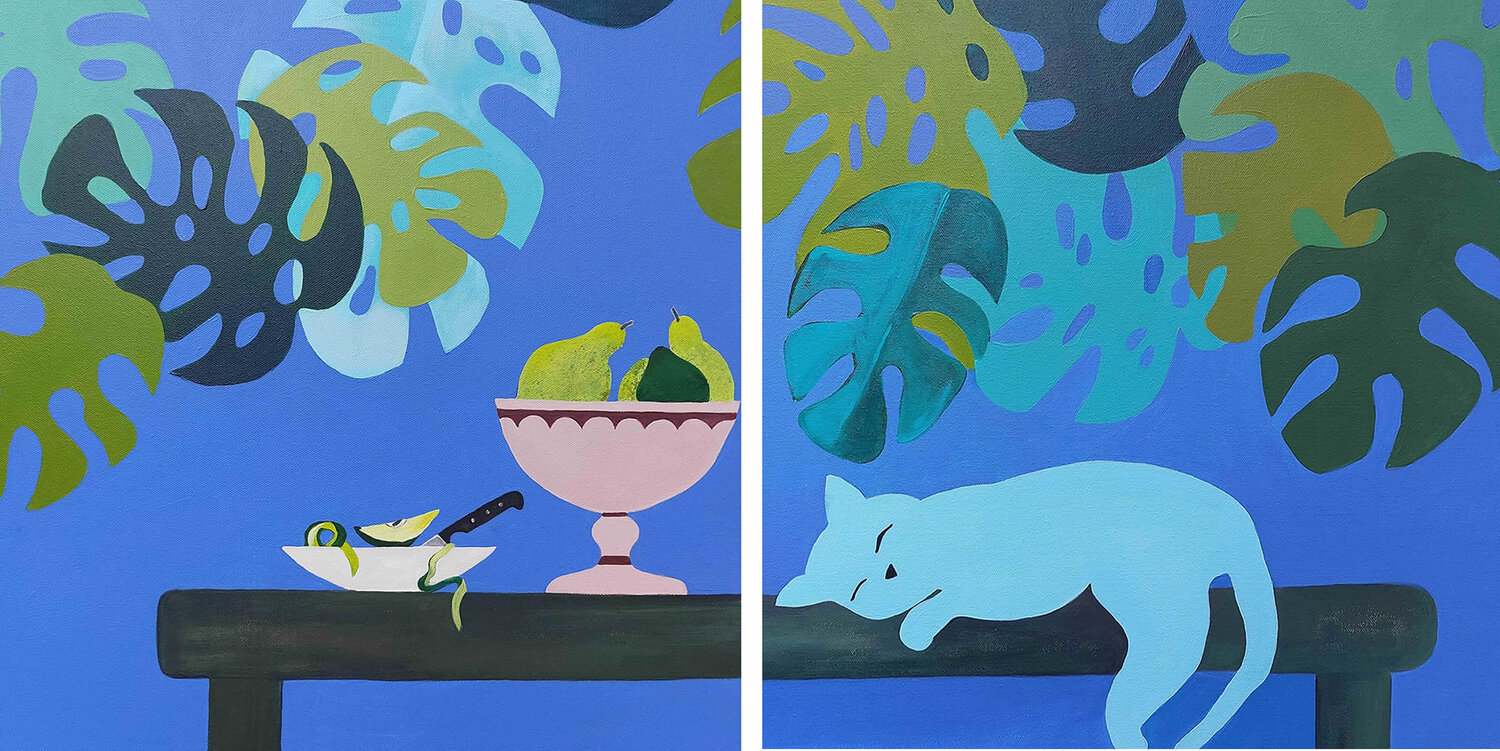 Veranda mit Blick auf die Anden (Diptychon) Karina Fulara Originalgemälde zu verkaufen