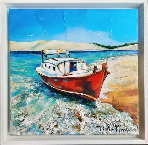 La Pinasse rouge et la Dune de Pyla. by Svitlana Gryshko Loguinoff, Painting for Sale on Singulart