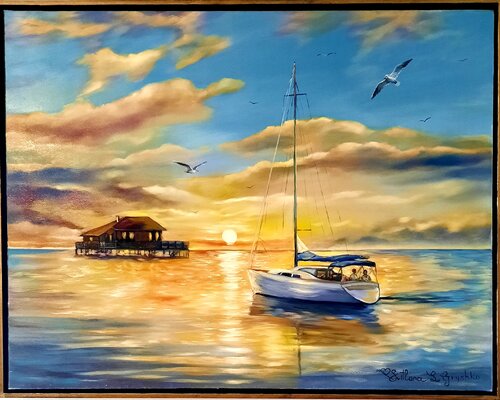 Un verre de champagne au coucher du soleil à Arcachon by Svitlana Gryshko Loguinoff, Painting for Sale on Singulart