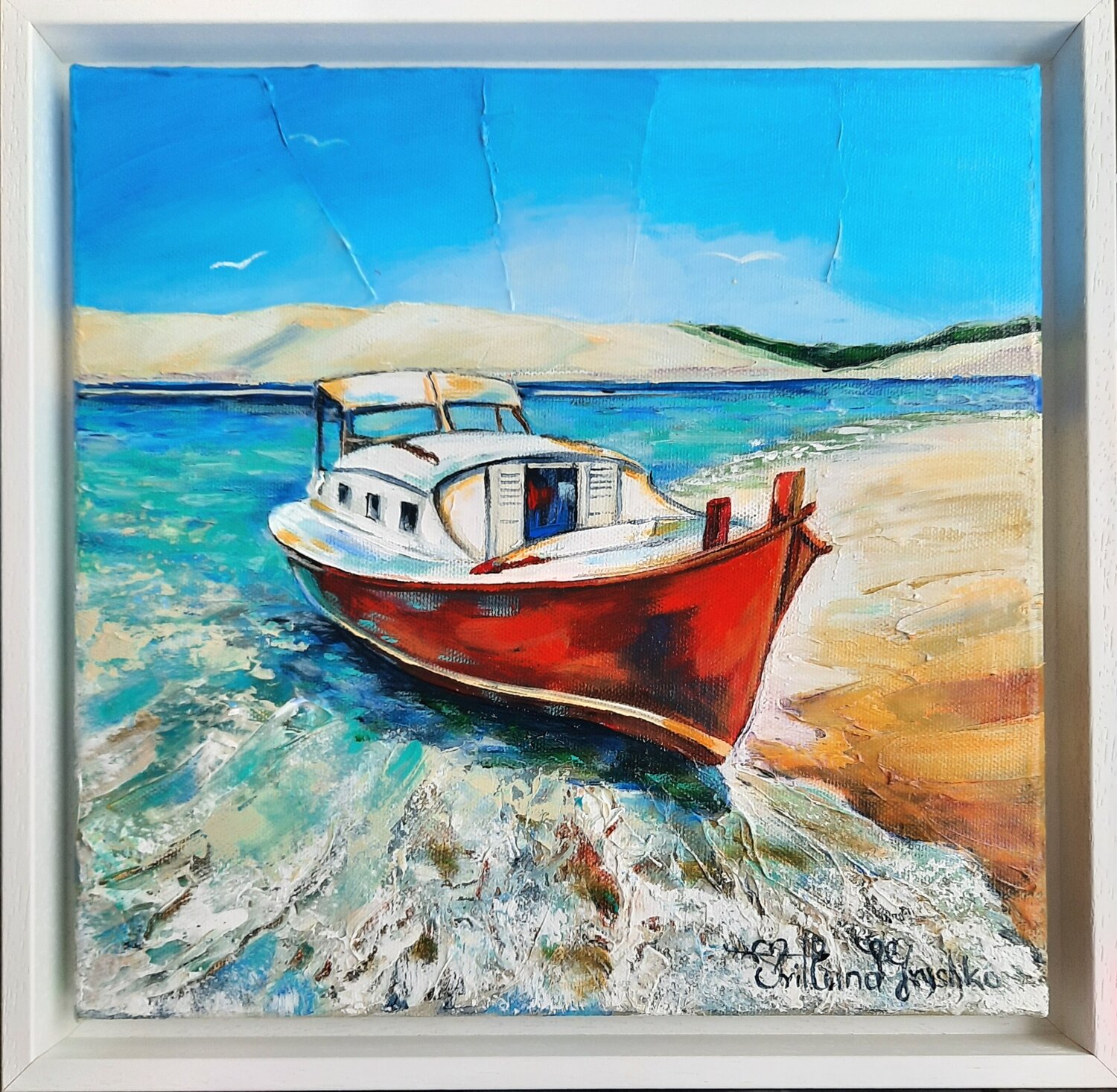 La Pinasse rouge et la Dune de Pyla. Svitlana Gryshko Loguinoff Originalgemälde zu verkaufen
