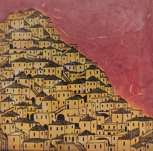 Cielo Rosso sulla Città Bianca - A Miniature van Renzo Buggiani, Schilderij te koop op Singulart