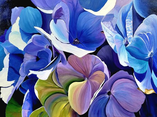 Light on blue hydrangeas by Sylvia Eder, 회화 for Sale on Singulart
