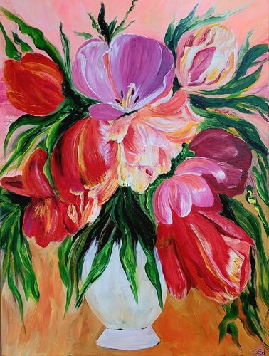 Tulips in a vase van Sylvia Eder, Schilderij te koop op Singulart
