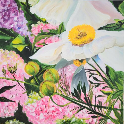Hydrangeas and poppies on Lombard Street de Sylvia Eder, Pintura a la venta en Singulart