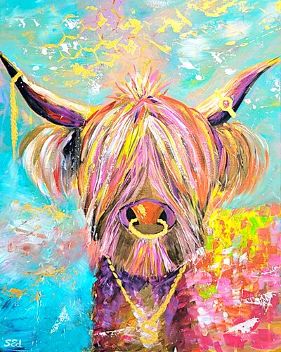 Scottish cow sick of the brown fur van Sylvia Eder, Schilderij te koop op Singulart