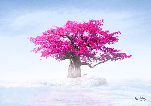 Arbre en floraison au dessus d'une mer de glace di Max Parisot du Lyaumont, Digitale in vendita su Singulart