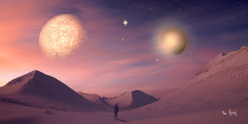 L'Homme dans le désert en face de sa dualité (les deux planètes) di Max Parisot du Lyaumont, Digitale in vendita su Singulart