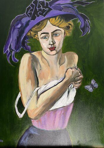 Jeune fille au chapeau violet di Muriel Ho Paintings, Pittura in vendita su Singulart