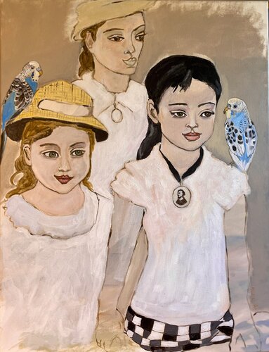 « Le couvent des oiseaux »  ou « Jeunes filles aux perruches « di Muriel Ho Paintings, Pittura in vendita su Singulart