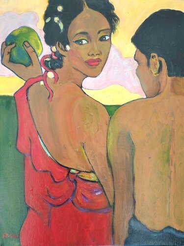 "Conversation"  d'après "Trois Tahitiens" de Gauguin by Muriel Ho Paintings, Painting for Sale on Singulart