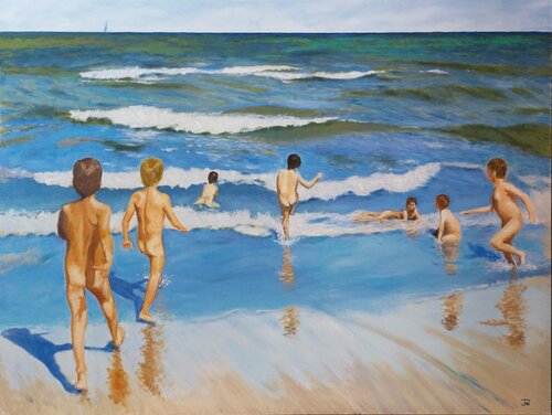 NIÑOS EN LA PLAYA - Homenaje a Sorolla van Joaquin Pardo, Schilderij te koop op Singulart