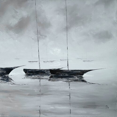 Yachts on gray di Volodymyr (Vladimir) Nezdiimynoha (Nezdiymynoga), Pittura in vendita su Singulart