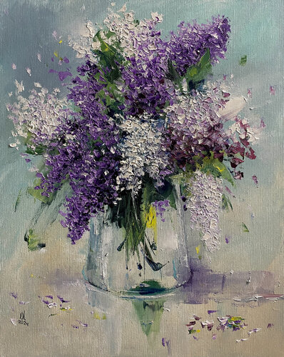 Bouquet of lilacs in a vase de Volodymyr (Vladimir) Nezdiimynoha (Nezdiymynoga), Pintura a la venta en Singulart