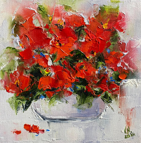 Bouquet of red flowers in a vase de Volodymyr (Vladimir) Nezdiimynoha (Nezdiymynoga), Pintura a la venta en Singulart