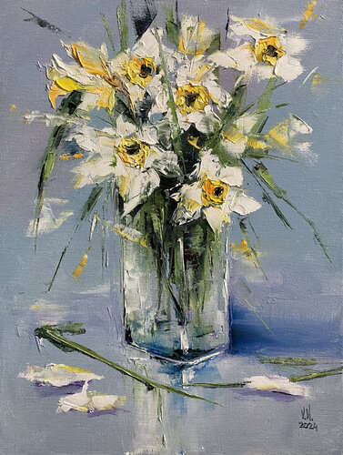 Bouquet of daffodils in a vase de Volodymyr (Vladimir) Nezdiimynoha (Nezdiymynoga), Pintura a la venta en Singulart