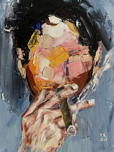 Abstract portrait of a man with a cigar par Volodymyr (Vladimir) Nezdiimynoha (Nezdiymynoga), Peinture en vente sur Singulart