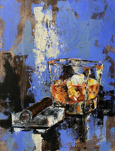 Whiskey with ice and cigar de Volodymyr (Vladimir) Nezdiimynoha (Nezdiymynoga), Pintura a la venta en Singulart