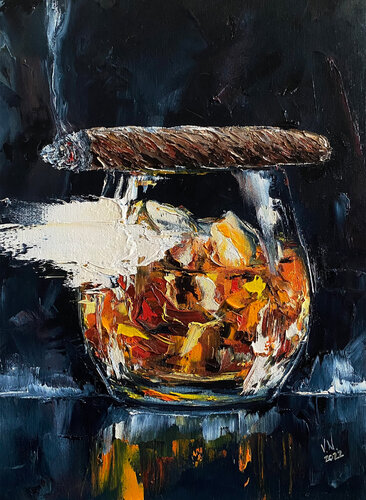 Whiskey and cigar 2 par Volodymyr (Vladimir) Nezdiimynoha (Nezdiymynoga), Peinture en vente sur Singulart