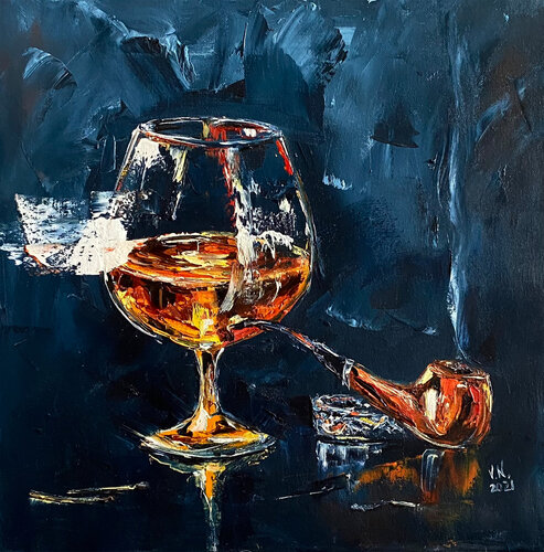 Brandy and smoking pipe par Volodymyr (Vladimir) Nezdiimynoha (Nezdiymynoga), Peinture en vente sur Singulart