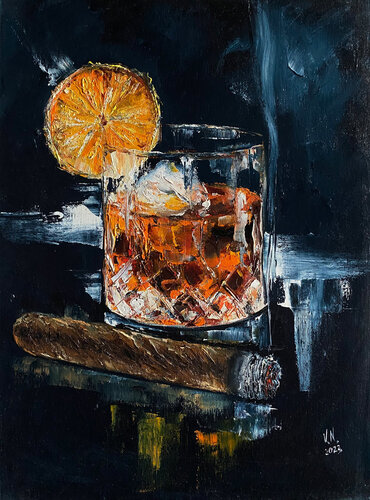 Whiskey and cigar 4 par Volodymyr (Vladimir) Nezdiimynoha (Nezdiymynoga), Peinture en vente sur Singulart