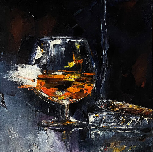 Cognac and cigar par Volodymyr (Vladimir) Nezdiimynoha (Nezdiymynoga), Peinture en vente sur Singulart