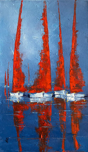 Twilight. Yachts. di Volodymyr (Vladimir) Nezdiimynoha (Nezdiymynoga), Pittura in vendita su Singulart