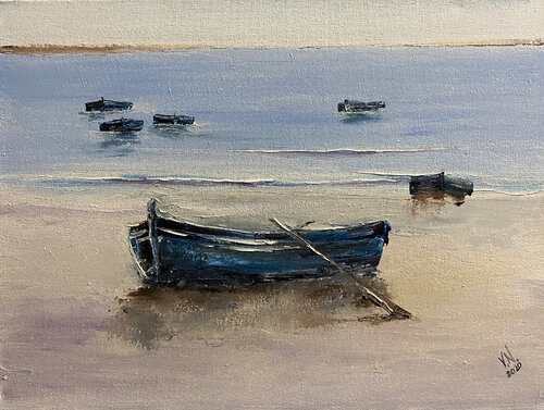 Boat on the shore von Volodymyr (Vladimir) Nezdiimynoha (Nezdiymynoga), Malerei kaufen auf Singulart