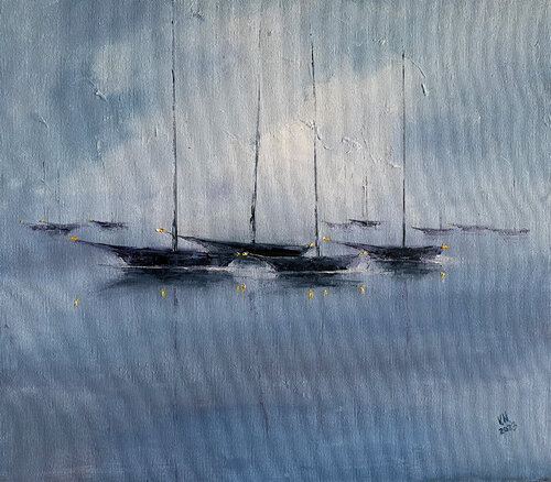 Yachts at dawn par Volodymyr (Vladimir) Nezdiimynoha (Nezdiymynoga), Peinture en vente sur Singulart