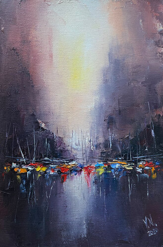 Sunrise. Boats. di Volodymyr (Vladimir) Nezdiimynoha (Nezdiymynoga), Pittura in vendita su Singulart