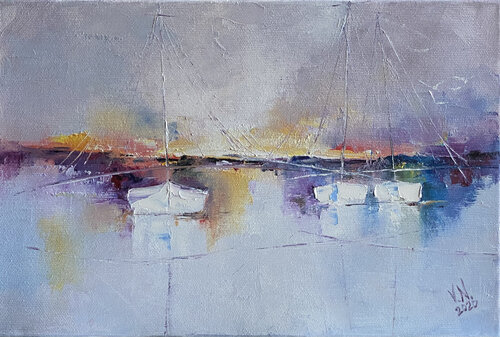 Sunrise. Boat. di Volodymyr (Vladimir) Nezdiimynoha (Nezdiymynoga), Pittura in vendita su Singulart