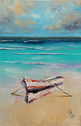 Boat on the shore par Volodymyr (Vladimir) Nezdiimynoha (Nezdiymynoga), Peinture en vente sur Singulart