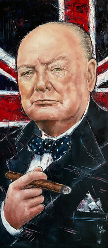 Churchill with a cigar par Volodymyr (Vladimir) Nezdiimynoha (Nezdiymynoga), Peinture en vente sur Singulart