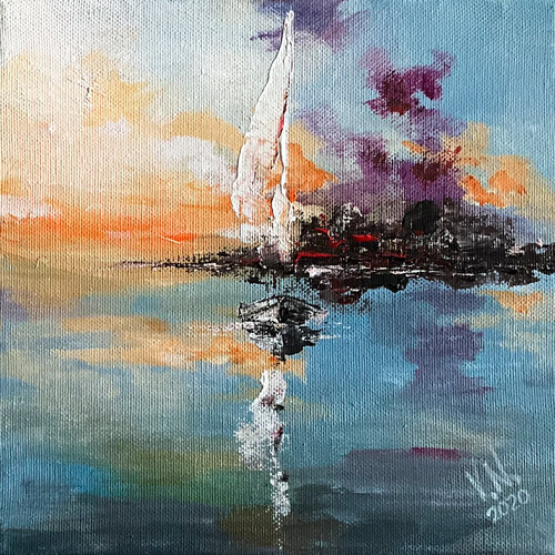 Yacht at sunset par Volodymyr (Vladimir) Nezdiimynoha (Nezdiymynoga), Peinture en vente sur Singulart