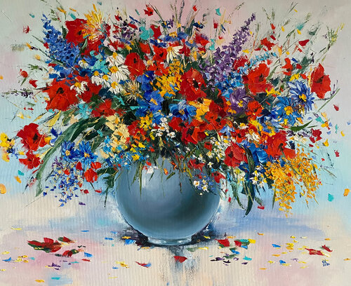 Bouquet of wild flowers in a vase by Volodymyr (Vladimir) Nezdiimynoha (Nezdiymynoga), 회화 for Sale on Singulart